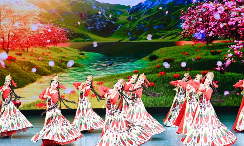 Actresses of the dance troupe Tumor from the Uzbekistan National Grand Theatre perform during a gala titled Our Common Home at the 6th China Xinjiang International Dance Festival in Urumqi, northwest China's Xinjiang Uygur Autonomous Region, July 24, 2023. (Xinhua/Li Xiang)