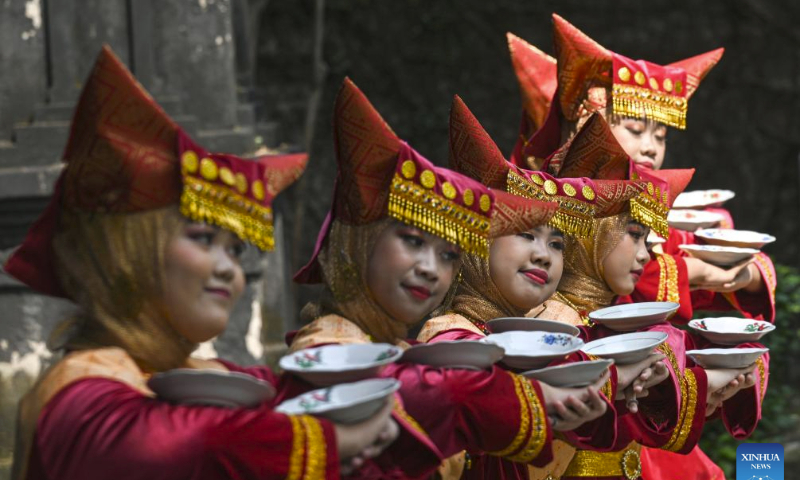 Dancers perform Indonesian traditional dance during Lomba Tari Nusantara at Rumah Budaya Nusantara Puspo Budoyo in South Tangerang, Banten Province, Indonesia, on July 29, 2023. Lomba Tari Nusantara is held to preserve the Indonesian traditional dance among teenagers. (Xinhua/Agung Kuncahya B.)