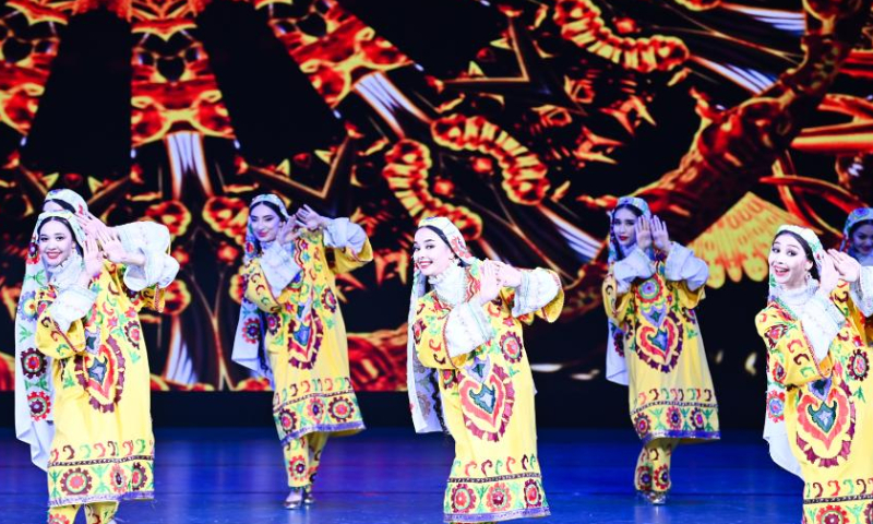 Actresses of the dance troupe Tumor from the Uzbekistan National Grand Theatre perform during a gala titled Our Common Home at the 6th China Xinjiang International Dance Festival in Urumqi, northwest China's Xinjiang Uygur Autonomous Region, July 24, 2023. (Xinhua/Li Xiang)