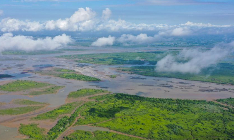 This aerial photo taken on July 23, 2023 shows a mangrove nature reserve in Qinzhou, south China's Guangxi Zhuang Autonomous Region. Qinzhou is a node of the New International Land-Sea Trade Corridor connecting Guangxi and ASEAN countries, and its location is highly beneficial, granting the city an important role in international land-sea transport connectivity. (Xinhua/Cao Yiming)