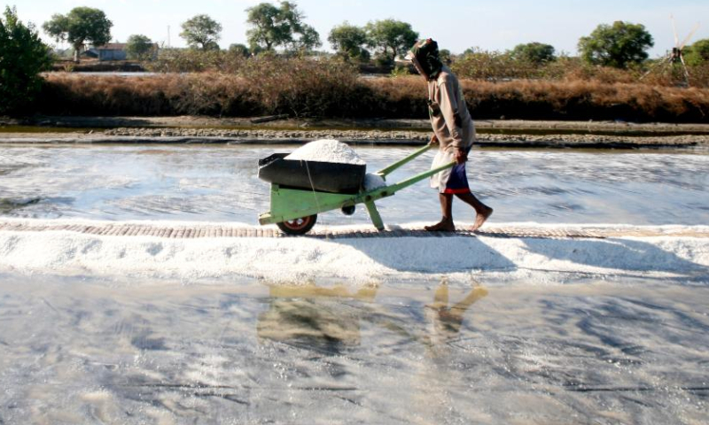 A farmer holds a cart carrying harvested salt in Tambak Cemandi village in Sidoarjo, East Java, Indonesia, July 31, 2023. (Photo by Sahlan Kurniawan/Xinhua)