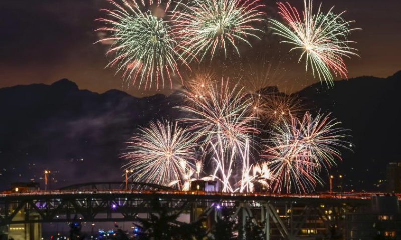 Fireworks presented by team Mexico light up the sky during the 31st Celebration of Light fireworks competition at English Bay in Vancouver, British Columbia, Canada, on July 26, 2023. (Photo by Liang Sen/Xinhua)