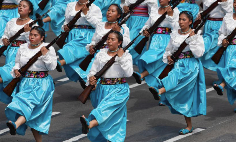 Soldiers attend a parade to mark the 202nd anniversary of the independence of Peru in Lima, Peru, July 29, 2023. (Xinhua/Mariana Bazo)