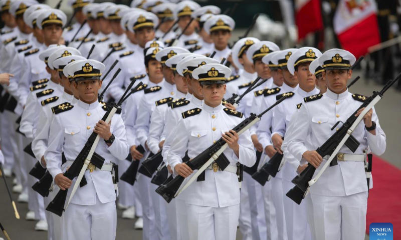 Soldiers of Peruvian Navy attend an event to commemorate Peru's independence in Lima, Peru, on July 28, 2023. (Xinhua/Mariana Bazo)