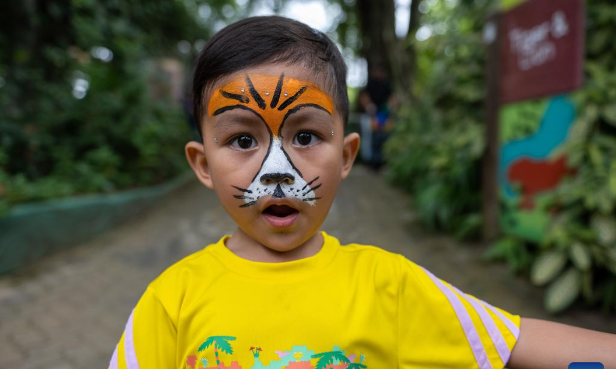 A boy with tiger-resembling makeup is pictured at Zoo Negara, the national zoo of Malaysia, in Kuala Lumpur, Malaysia, on July 29, 2023. The International Tiger Day is marked on July 29 every year. Photo:Xinhua