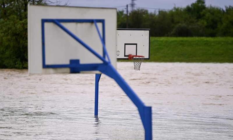 This photo taken on Aug. 5, 2023 shows a view of floods caused by Sava River overflow at Javorje near Zagreb, Croatia. (Igor Soban/PIXSELL via Xinhua)