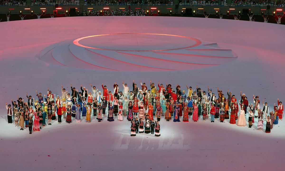 Representatives of the 56 ethnic groups at the opening ceremony of the 31st World University Games in Chengdu on July 28, 2023 