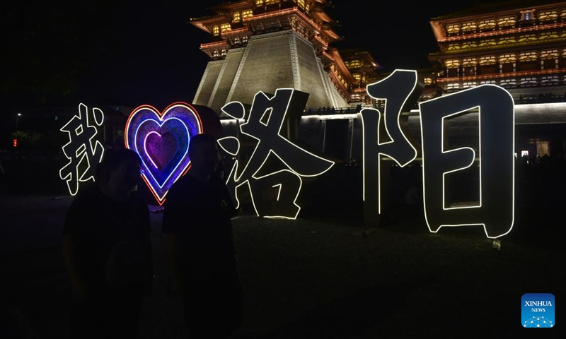 This photo taken on Aug. 11, 2023 shows the night view of the Yingtianmen site museum of the National Archaeological Site Park of Sui-Tang Luoyang City in Luoyang City, central China's Henan Province. (Xinhua/Lu Peng)

