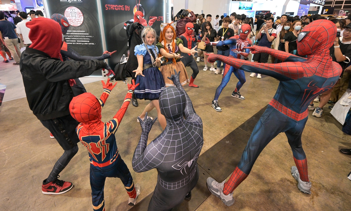 Visitors pose for a photo at the 24th edition of the four-day festival of Hong Kong Ani-Com 2023, which ended
on August 1, 2023. The number of visitors and businesses increased by about 30 percent compared with previous
years, according to exhibitors' estimation. Photo: VCG