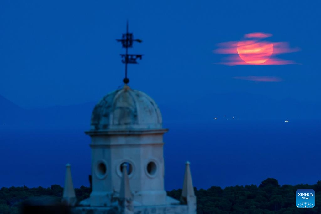 A supermoon is seen over Brac Island, Croatia, on Aug. 1, 2023.(Photo: Xinhua)