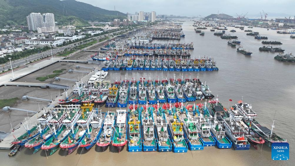 This aerial photo taken on Aug. 1, 2023 shows fishing boats taking shelter from the approaching Typhoon Khanun at Shenjiamen port in Putuo District of Zhoushan, east China's Zhejiang Province. The summer fishing ban, which was scheduled to end at noon of Aug.1, is extended as a precaution against Typhoon Khanun.(Photo: Xinhua)