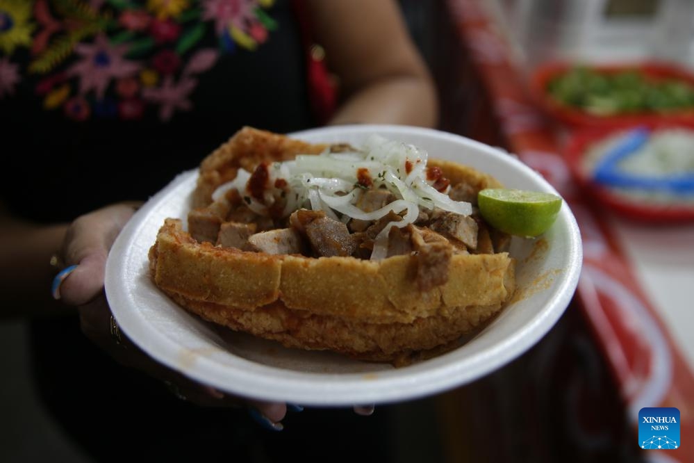 A woman shows a torta during the 18th annual Torta Fair in Mexico City, capital of Mexico, Aug. 2, 2023. Torta is known as a traditional sandwich in Mexico and is welcomed by local people. (Photo: Xinhua)