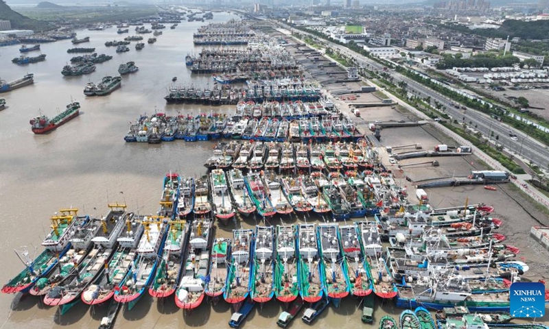 This aerial photo taken on Aug. 1, 2023 shows fishing boats taking shelter from the approaching Typhoon Khanun at Shenjiamen port in Putuo District of Zhoushan, east China's Zhejiang Province. The summer fishing ban, which was scheduled to end at noon of Aug.1, is extended as a precaution against Typhoon Khanun.(Photo: Xinhua)