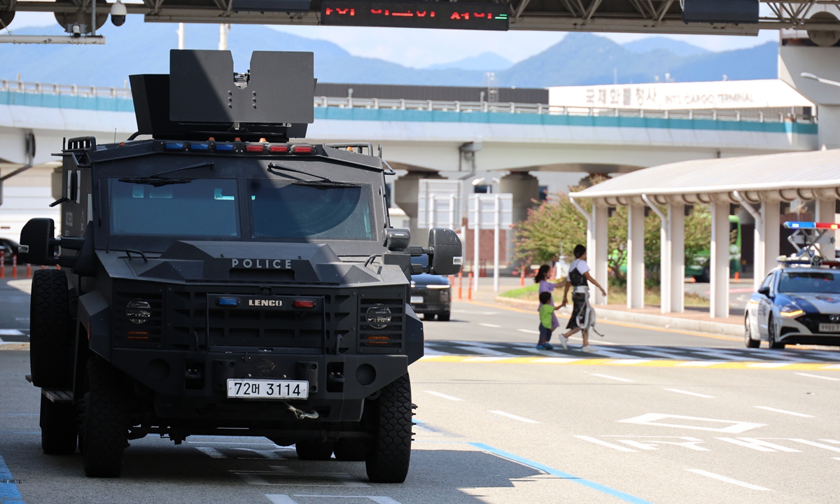 A South Korean police tank patrols Jeju International Airport, August 7, 2023. An online post threatening to bomb Jeju International Airport has led South Korean police to search the airport and attempt to track the writer, the country's officials said on August 7, 2023.