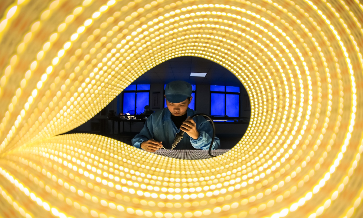 Workers conduct tests on light strips at the production line of LED lighting products in Jiujiang, East China's Jiangxi Province on August 8, 2023. The export-oriented company, called Jingyuxin Lighting Technology Co, sees more than 70 percent of its output dedicated to export orders every year. Its products are primarily shipped to the US, Turkey, India and South Korea. Photo: VCG