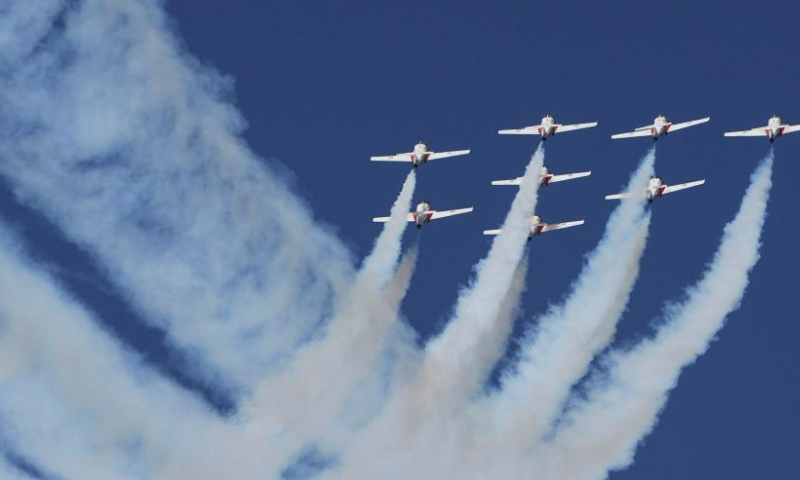 The Canadian air force Snowbirds perform in the sky during the 2023 Abbotsford International Airshow in Abbotsford, British Columbia, Canada, on Aug. 12, 2023. As one of the biggest airshows in Canada, the 2023 Abbotsford International Airshow takes place here from Aug. 11 to Aug. 13. (Photo by Liang Sen/Xinhua)