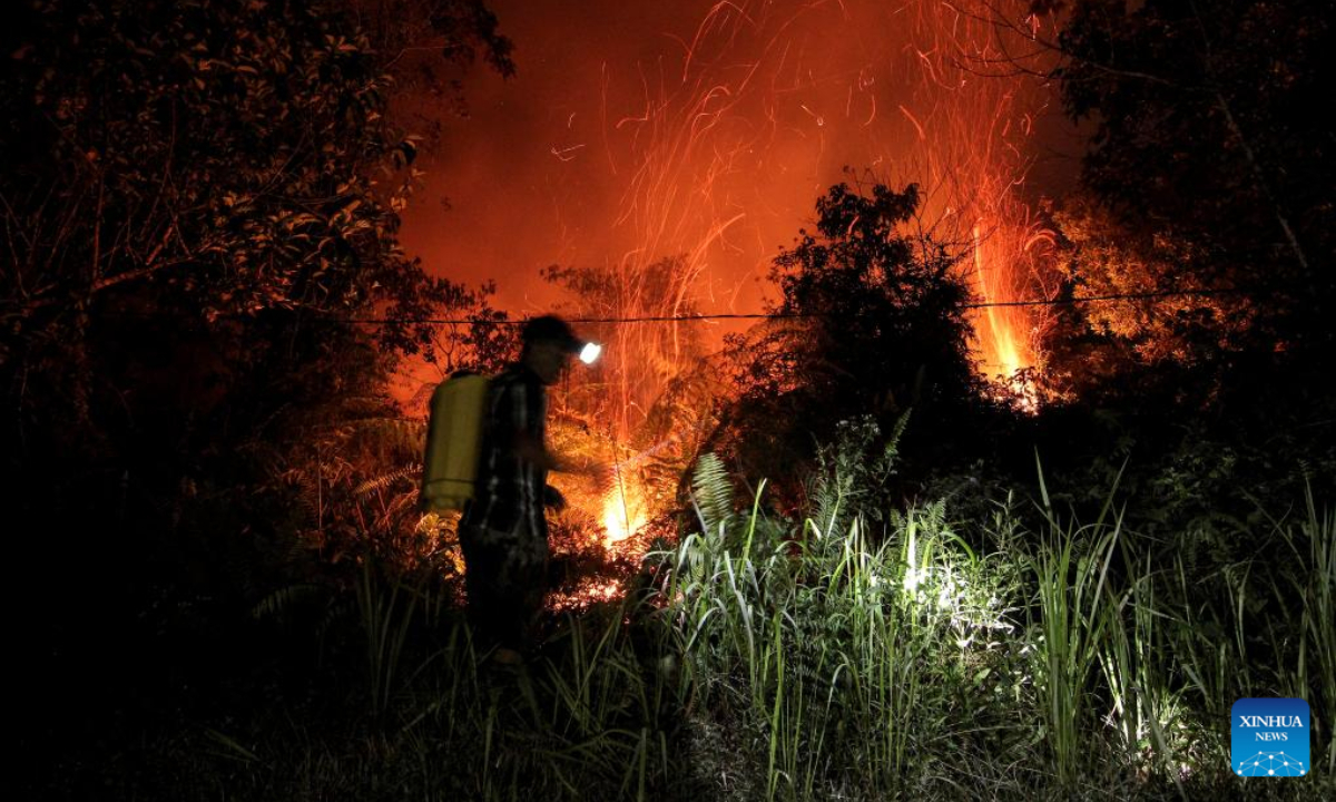 Officials try to extinguish peatland fire at Rimbo Panjang village in Kampar district, Riau Province, Indonesia on Aug 10, 2023. Indonesia is bracing for more forest and peatland fires from a drier and hotter season due to the El Nino phenomenon. Photo:Xinhua