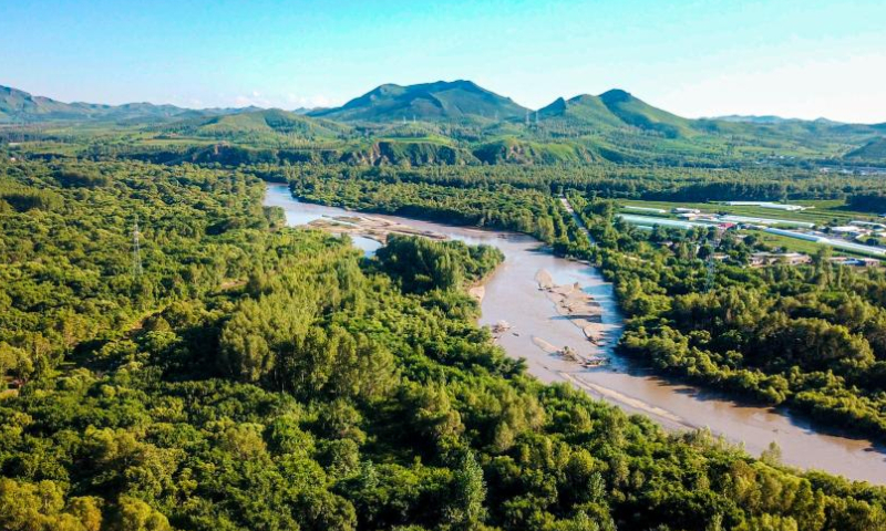 This aerial photo shows a view of the Tao'erhe National Wetland Park in Ulanhot City, north China's Inner Mongolia Autonomous Region, Aug. 13, 2023. (Xinhua/Peng Yuan)