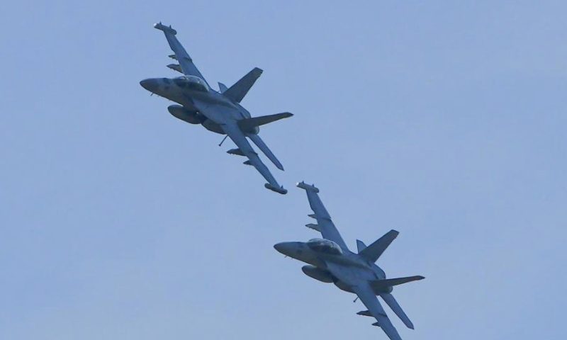 U.S. Navy E/A-18G Growler aircrafts make an aerial demonstration during the 2023 Abbotsford International Airshow in Abbotsford, British Columbia, Canada, on Aug. 12, 2023. As one of the biggest airshows in Canada, the 2023 Abbotsford International Airshow takes place here from Aug. 11 to Aug. 13. (Photo by Liang Sen/Xinhua)