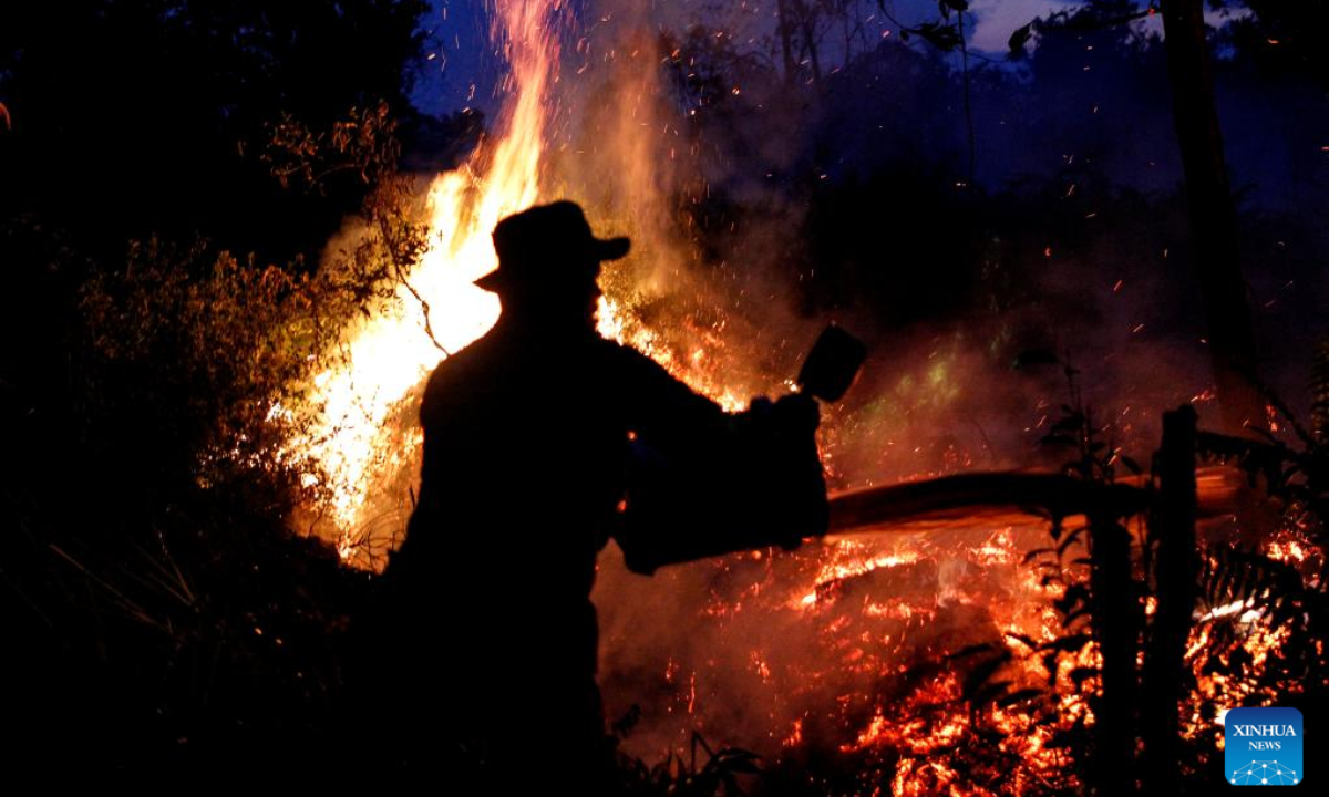 Officials try to extinguish peatland fire at Rimbo Panjang village in Kampar district, Riau Province, Indonesia on Aug 10, 2023. Indonesia is bracing for more forest and peatland fires from a drier and hotter season due to the El Nino phenomenon. Photo:Xinhua