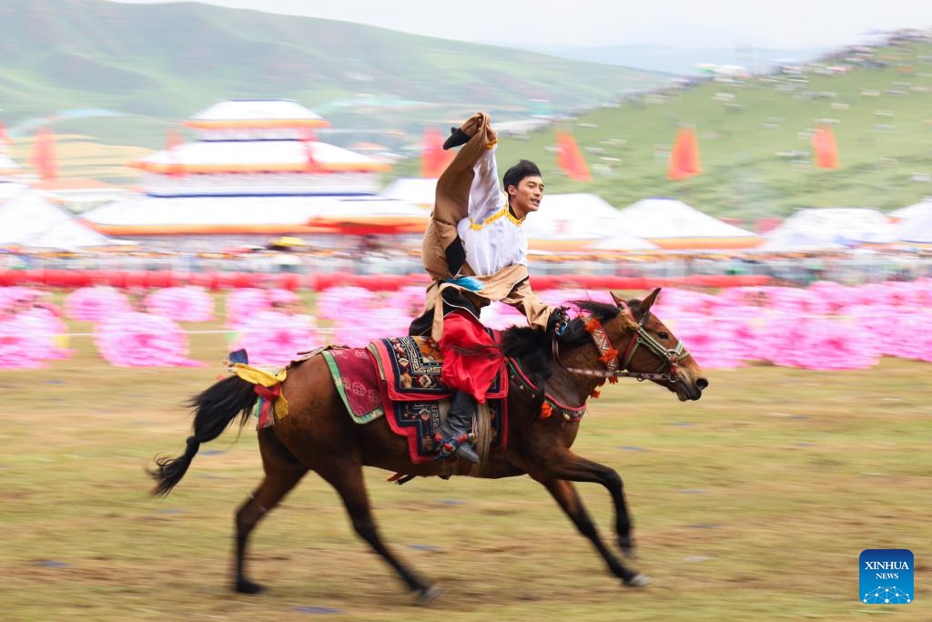 This photo taken on Aug. 10, 2023 shows an equestrian show staged in celebration of the 70th anniversary of the founding of Gannan Tibetan Autonomous Prefecture in Hezuo City, northwest China's Gansu Province. A celebration event was held here to mark the 70th anniversary of the founding of Gannan Tibetan Autonomous Prefecture.(Photo: Xinhua)