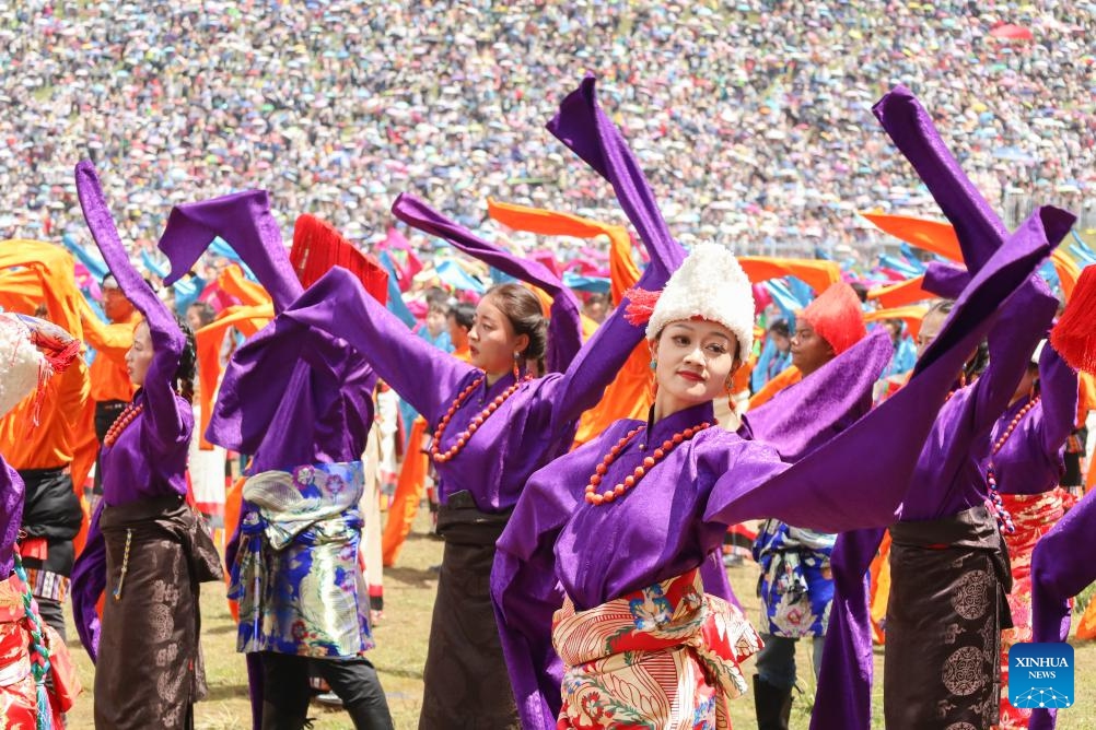 Dancers perform during a celebration event marking the 70th anniversary of the founding of Gannan Tibetan Autonomous Prefecture in Hezuo City, northwest China's Gansu Province, Aug. 10, 2023. A celebration event was held here to mark the 70th anniversary of the founding of Gannan Tibetan Autonomous Prefecture.(Photo: Xinhua)