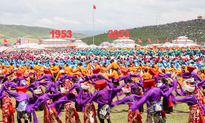 This photo taken on Aug. 10, 2023 shows a scene of the celebration event marking the 70th anniversary of the founding of Gannan Tibetan Autonomous Prefecture in Hezuo City, northwest China's Gansu Province. A celebration event was held here to mark the 70th anniversary of the founding of Gannan Tibetan Autonomous Prefecture.(Photo: Xinhua)