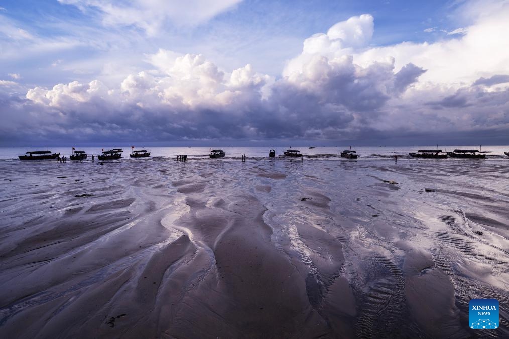 This photo taken on Aug. 15, 2023 shows an early morning view of Jintan beach in Dongxing, south China's Guangxi Zhuang Autonomous Region. Jintan beach, which is located in the southern part of the Wanwei Island, has a coastline of 15 kilometers and is named after its golden sand color.(Photo: Xinhua)