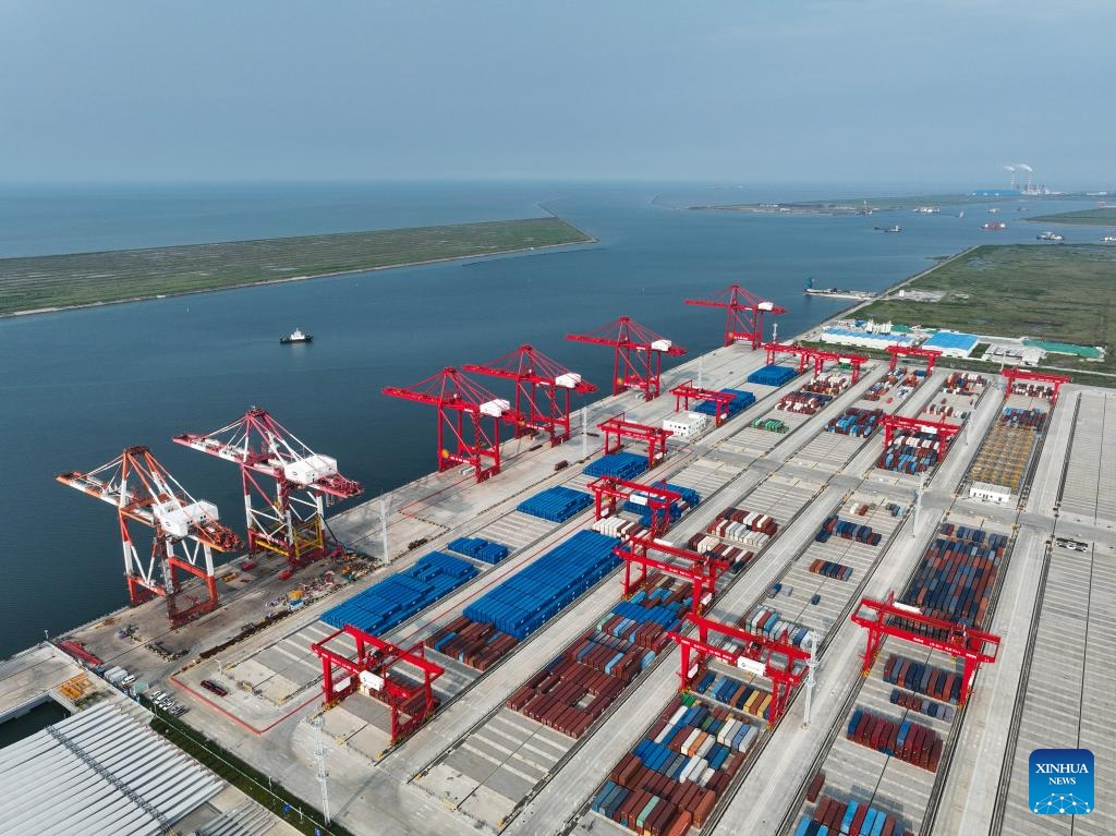 This aerial photo taken on July 24, 2023 shows a port in Qidong, east China's Jiangsu Province. Chongming District and Pudong District of Shanghai, along with Qidong City of Jiangsu, are located in the estuary of Yangtze River. With its unique advantages, the region has been making concerted effort to further promote high-quality development.(Photo: Xinhua)