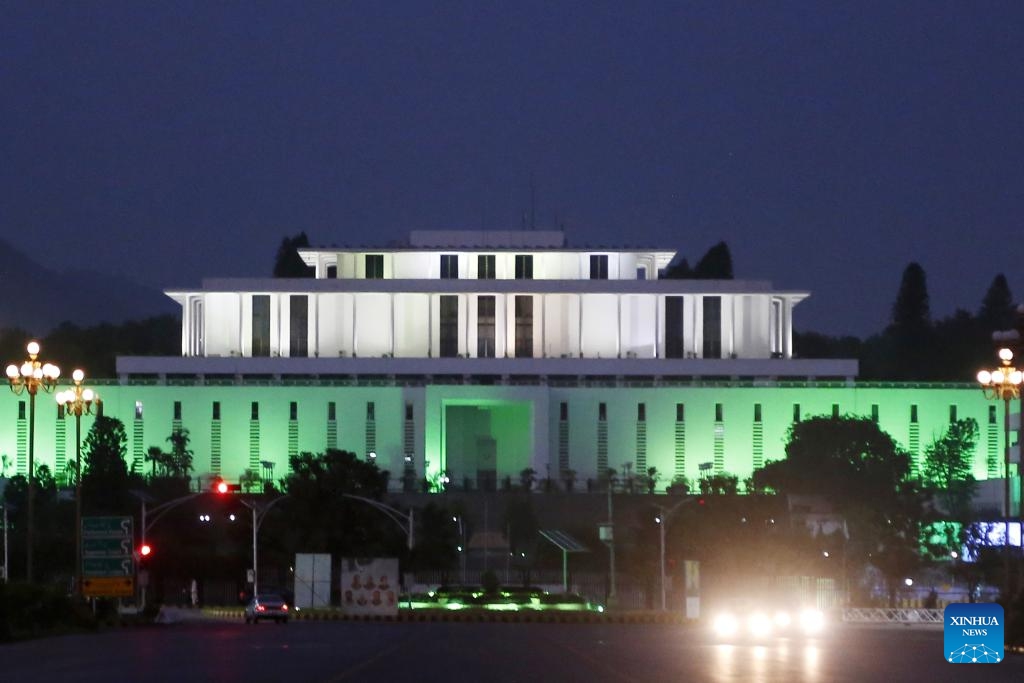 This photo taken on Aug. 13, 2023 shows illuminated building of President House on the eve of Pakistan's Independence Day in Islamabad, capital of Pakistan. Pakistan will celebrate its Independence Day on Aug. 14.(Photo: Xinhua)