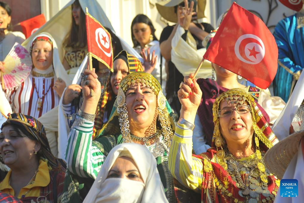 Women dressed in traditional attire celebrate the national Women's Day in Tunis, Tunisia, Aug. 13, 2023. The national Women's Day falls on Aug. 13 in Tunisia.(Photo: Xinhua)