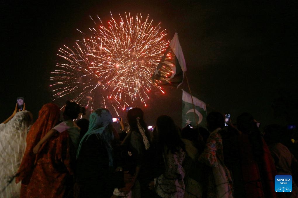 People enjoy fireworks during Independence Day celebrations in Lahore, Pakistan, on Aug. 14, 2023.(Photo: Xinhua)