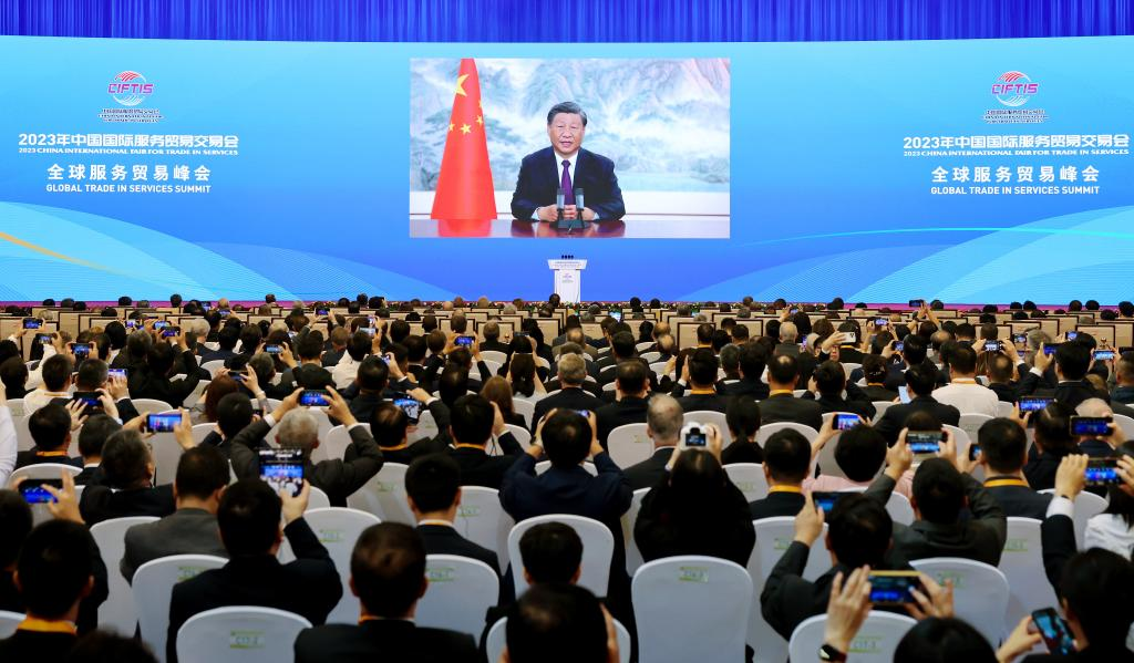 Chinese President Xi Jinping addresses the Global Trade in Services Summit of the 2023 China International Fair for Trade in Services (CIFTIS) via video in Beijing, capital of China, on Sep 2, 2023. Photo:Xinhua