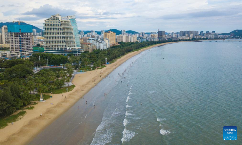 This aerial photo taken on Aug. 30, 2023 shows the scenery of Sanya Bay in Sanya, south China's Hainan Province. (Xinhua/Pu Xiaoxu)