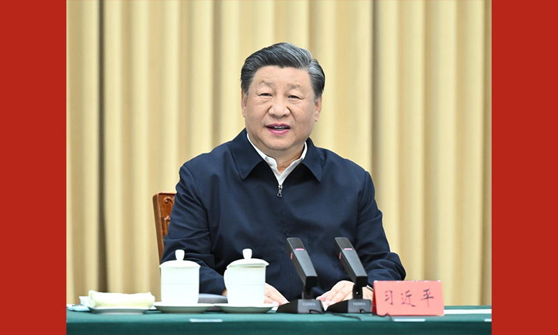 Chinese President Xi Jinping, also general secretary of the Communist Party of China Central Committee and chairman of the Central Military Commission, delivers a speech when he is briefed about the work of the Party committee and government of northwest China's Xinjiang Uygur Autonomous Region, as well as the Xinjiang Production and Construction Corps, in Urumqi, northwest China's Xinjiang Uygur Autonomous Region, Aug. 26, 2023. (Xinhua/Yan Yan)