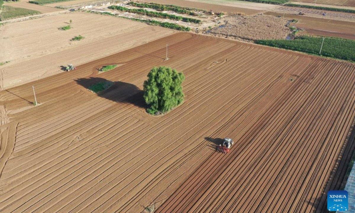 This aerial photo taken on Aug 18, 2023 shows agricultural machinery in Pangezhuang Village of Diaowo Township, Zhuozhou City, north China's Hebei Province. Photo:Xinhua