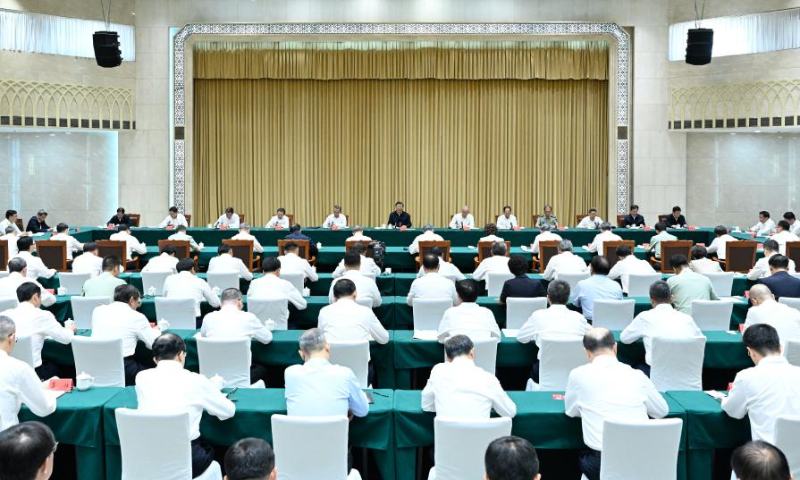 Chinese President Xi Jinping, also general secretary of the Communist Party of China Central Committee and chairman of the Central Military Commission, delivers a speech when he is briefed about the work of the Party committee and government of northwest China's Xinjiang Uygur Autonomous Region, as well as the Xinjiang Production and Construction Corps, in Urumqi, northwest China's Xinjiang Uygur Autonomous Region, Aug. 26, 2023. (Xinhua/Shen Hong)