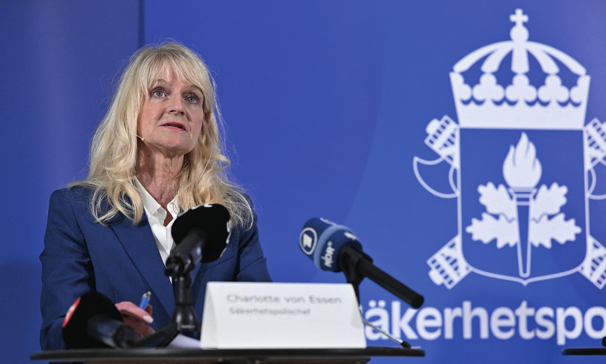 Swedish Security Police Chief Charlotte von Essen addresses a press conference in Stockholm as the terror threat level in Sweden was raised to four on a fi ve-point scale on August 17, 2023. Sweden's intelligence agency raised its terror alert level on the day after angry reactions in the Muslim world to Koran burnings in Sweden made it a 