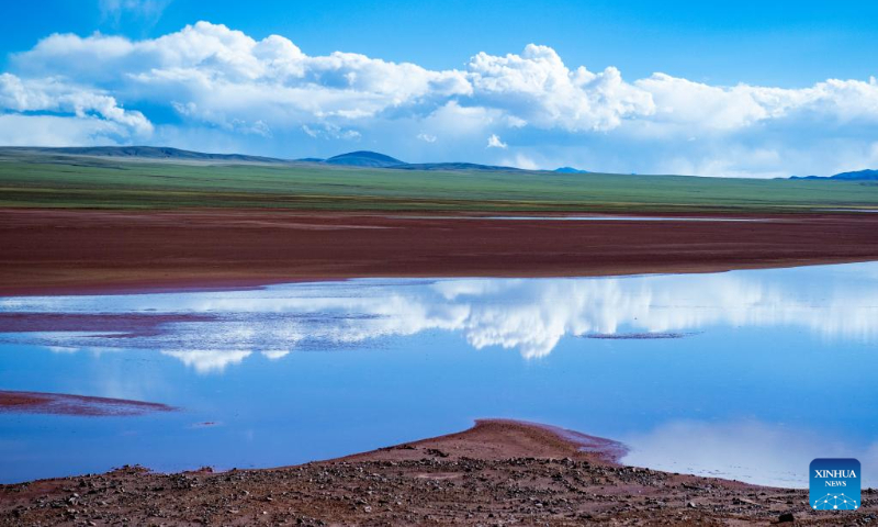 This aerial photo taken on Aug. 26, 2023 shows scenery of a lake in Ngari Prefecture, southwest China's Tibet Autonomous Region. (Xinhua/Liu Wenbo)