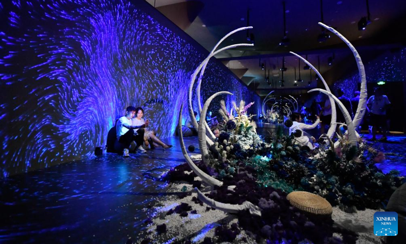 People visit a whale-themed exhibition of National Maritime Museum of China in north China's Tianjin Municipality, July 29, 2023. (Xinhua/Sun Fanyue)