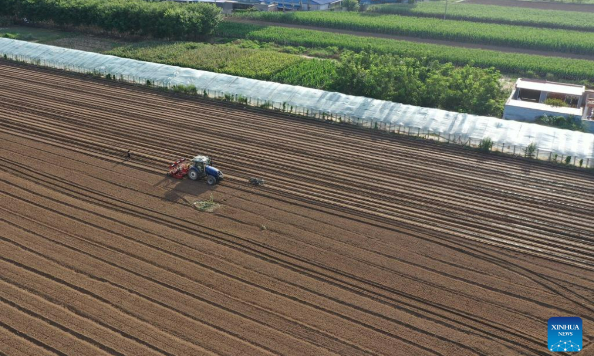 This aerial photo taken on Aug 18, 2023 shows agricultural machinery in Pangezhuang Village of Diaowo Township, Zhuozhou City, north China's Hebei Province. Photo:Xinhua