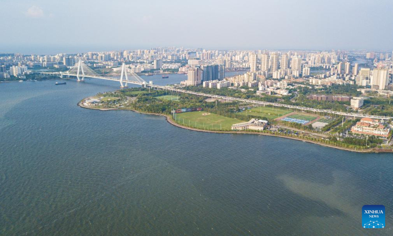 This aerial photo taken on Sept. 1, 2023 shows the scenery of Haikou Bay in Haikou, south China's Hainan Province. (Xinhua/Pu Xiaoxu)