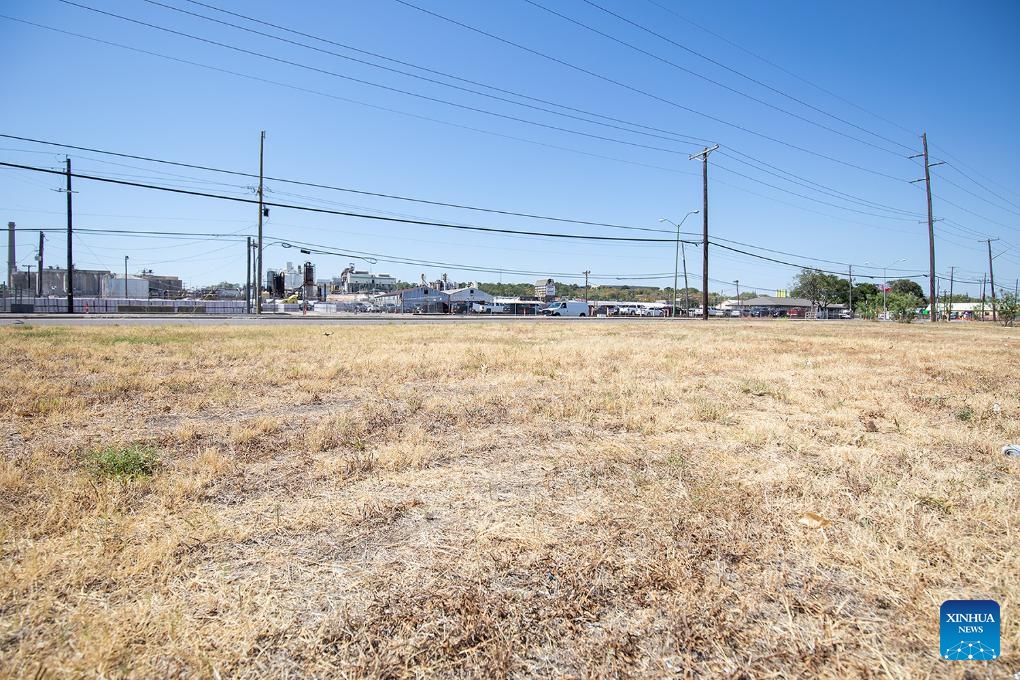 Photo taken on Aug. 17, 2023 shows a dried-up green space next to a major street in Dallas, Texas, the United States. The highest temperature in Dallas area reached 43 degrees Celsius on Thursday.(Photo: Xinhua)