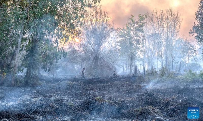 People walk amid smoke of a peatland fire at Bukit Tunggal village in Palangkaraya, Central Kalimantan, Indonesia, Aug. 20, 2023. (Photo by Deny Krisbiantoro/Xinhua)