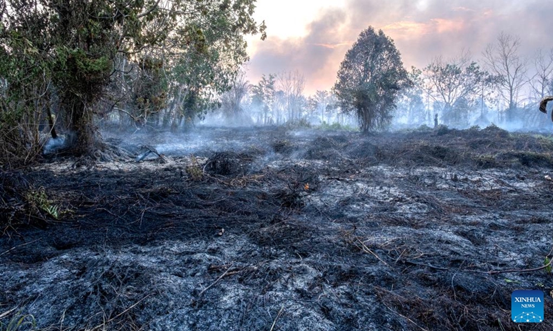 This photo taken on Aug. 20, 2023 shows burnt land and smoke of a peatland fire at Bukit Tunggal village in Palangkaraya, Central Kalimantan, Indonesia. (Photo by Deny Krisbiantoro/Xinhua)