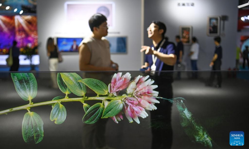 A visitor learns about an OLED display in the digital culture exhibition area at the 10th West China Culture Industries Expo in Xi'an, northwest China's Shaanxi Province, Aug. 18, 2023. The 10th West China Culture Industries Expo opened on Thursday in Xi'an and will last till Aug. 20. Photo: Xinhua