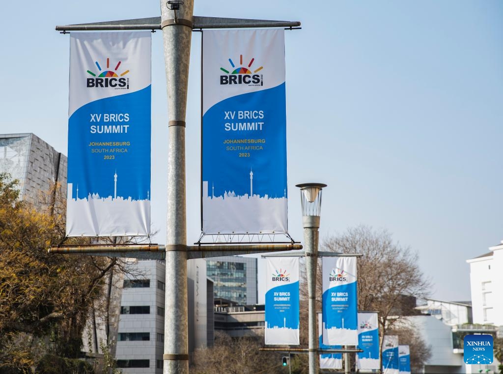 This photo taken on Aug. 21, 2023 shows a view near the venue of the 15th BRICS Summit in Johannesburg, South Africa. The 15th BRICS Summit is scheduled to be held from Tuesday to Thursday in South Africa.(Photo: Xinhua)