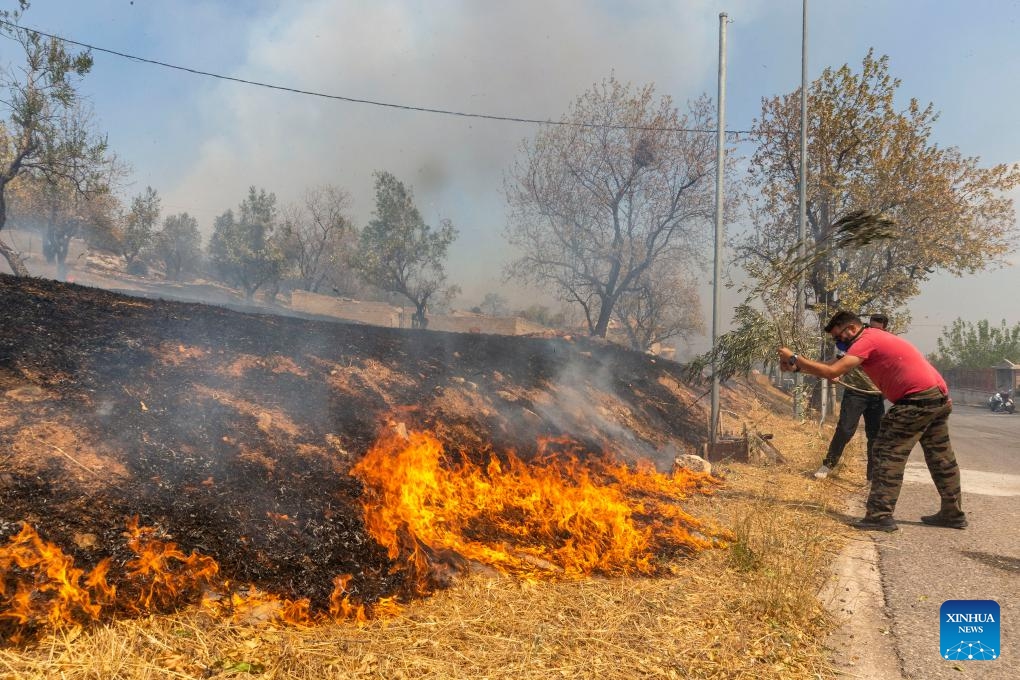 Volunteers try to extinguish a wildfire in Hasia village, near Athens, Greece, on Aug. 22, 2023. Wildfires, erupted on Tuesday near the Greek capital, forced the evacuation of settlements and the closure of roads.(Photo: Xinhua)