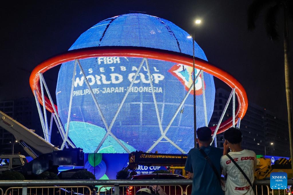 A giant FIBA Basketball World Cup themed display is seen in Pasay City, the Philippines, Aug. 24, 2023. The FIBA Basketball World Cup 2023 will be held from Aug. 25 to Sept. 10, 2023.(Photo: Xinhua)