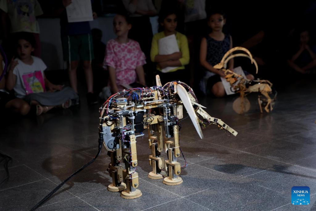 This photo taken on Aug. 22, 2023 shows a handmade robot at an exhibition in the central Israeli city of Bat Yam. These robots mimic the motions of animals like turtles and elephants, integrating elements of traditional puppetry into their mechanics and designs.(Photo: Xinhua)